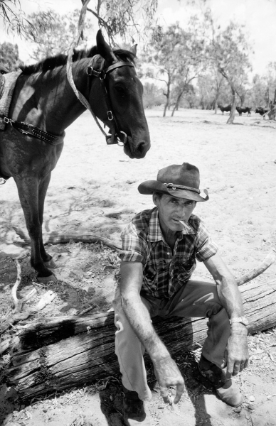 An Australian "ringer" takes a break during a tough day of mustering wild cattle on a 1.5 million acre cattle station north of Julia Creek.